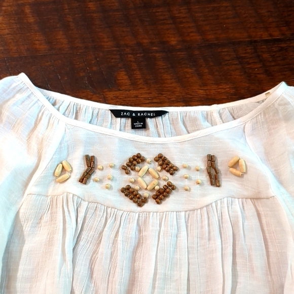 Zac & Rachel Beaded Blouse White Bell Sleeve Scoop Neck Top Size L-Good conditio - Picture 3 of 6